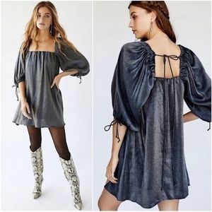FREE PEOPLE Mara Babydoll Mini Dress Metallic Puff Sleeves Size XS